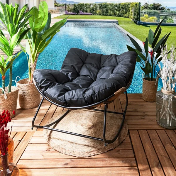 Home Déco Factory Fauteuil De Jardin A Bascule Coussin Noir -Tamia 6