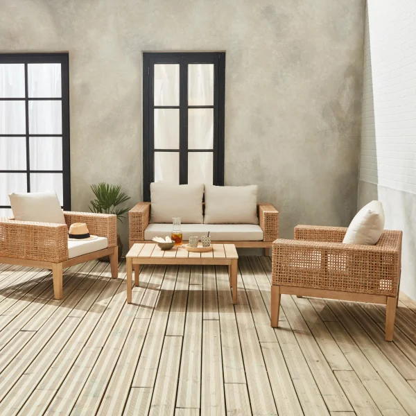 Alice’s Garden Salon De Jardin 4 Places En Cannage Et Acacia Brossé Et Coussins Beige – Olinda 1